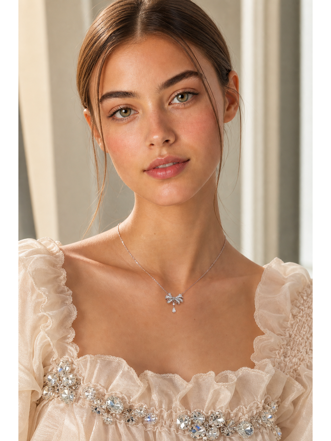Rhodium Plated Zircon Bow Drop Necklace 2