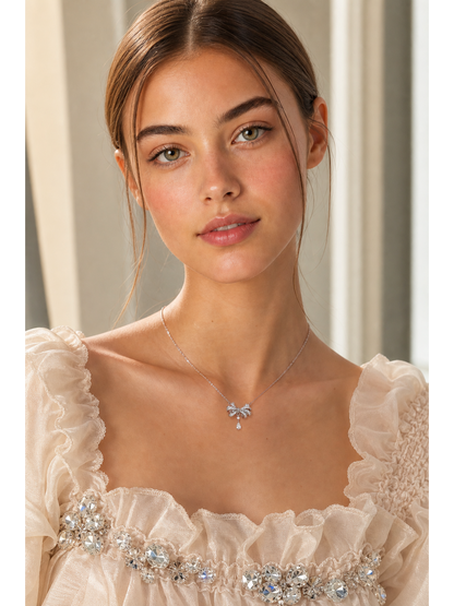 Rhodium Plated Zircon Bow Drop Necklace 2