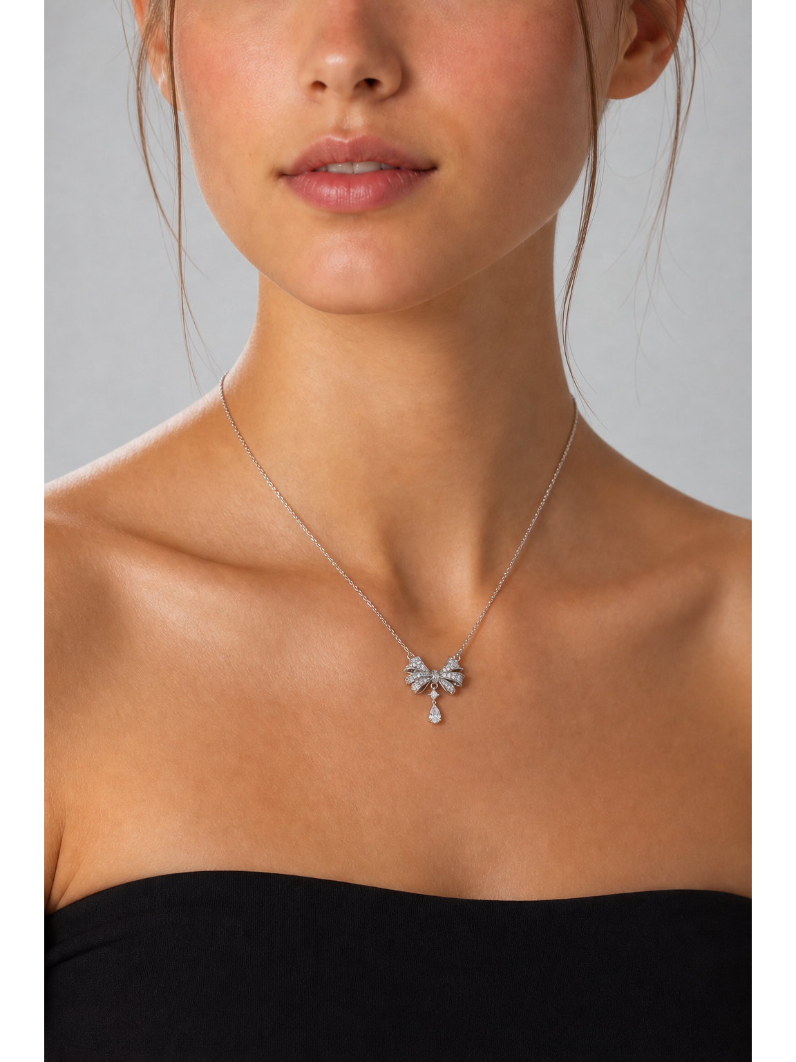 Rhodium Plated Zircon Bow Drop Necklace 3