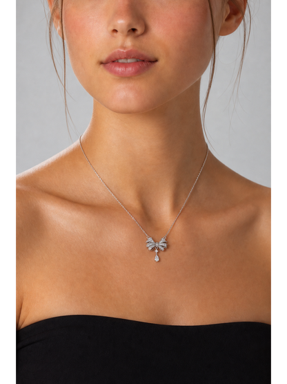 Rhodium Plated Zircon Bow Drop Necklace 3