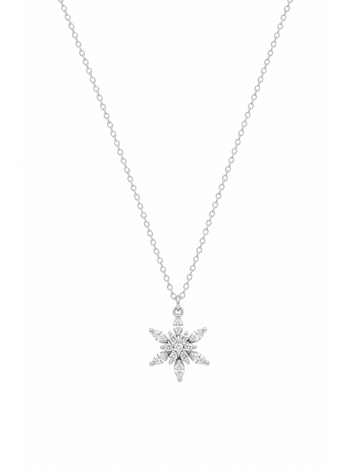 Rhodium Plated Zircon Snowflake Flower Pendant Necklace 1