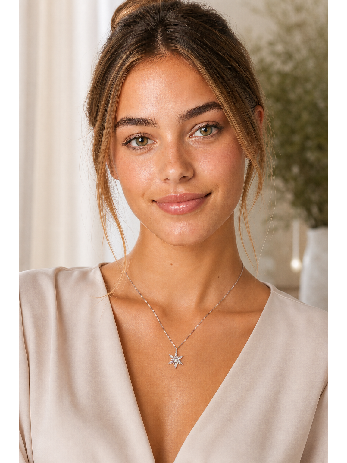 Rhodium Plated Zircon Snowflake Flower Pendant Necklace 2