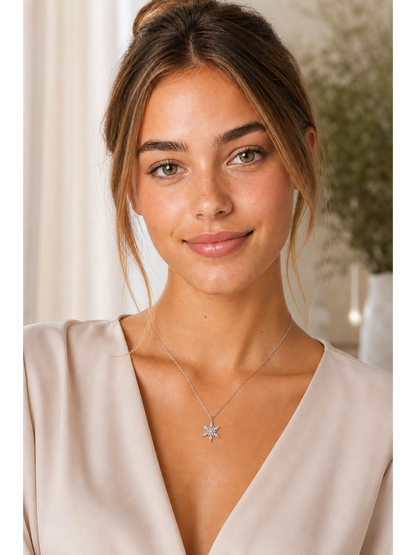 Rhodium Plated Zircon Snowflake Flower Pendant Necklace 2