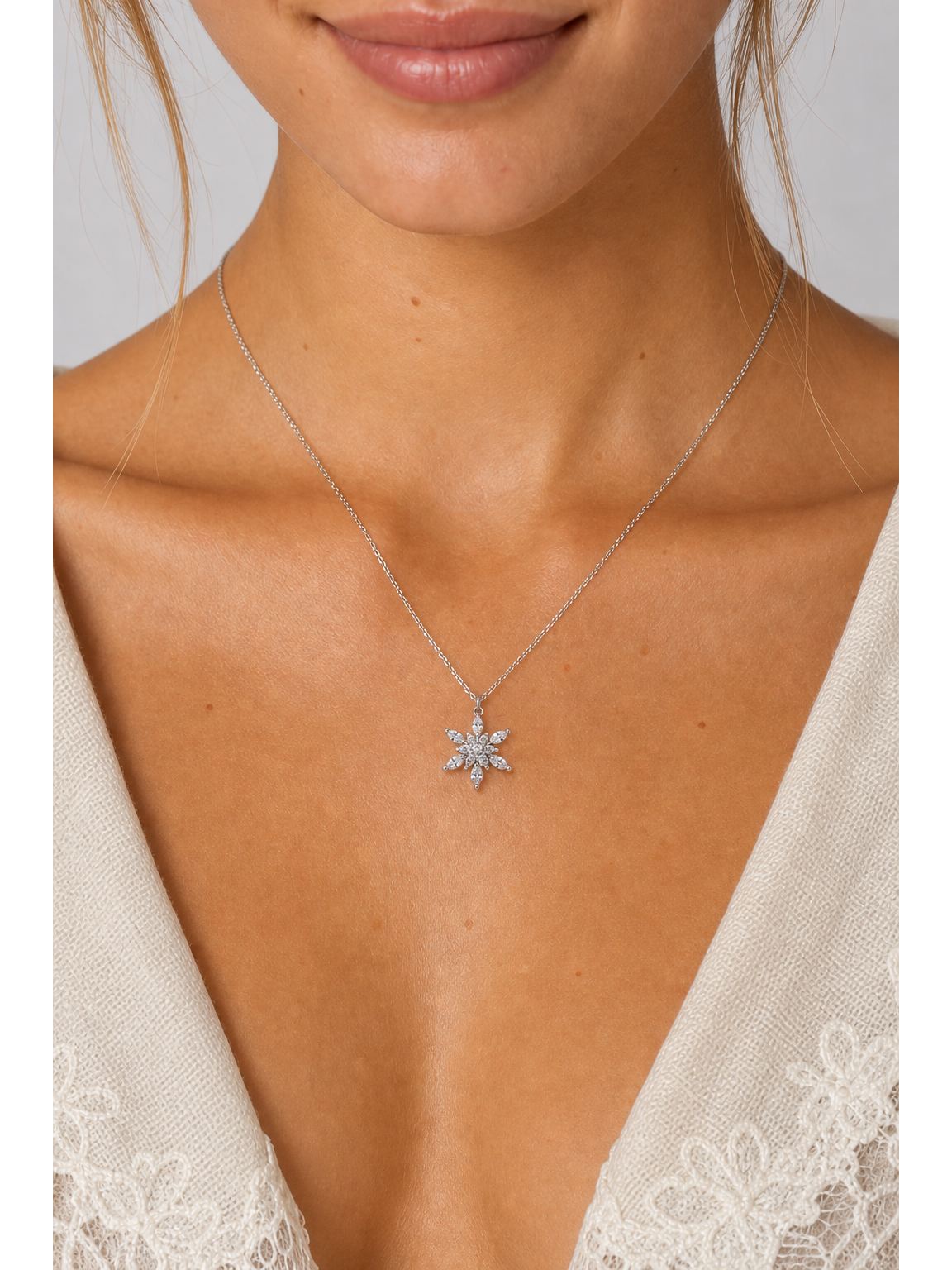 Rhodium Plated Zircon Snowflake Flower Pendant Necklace 3