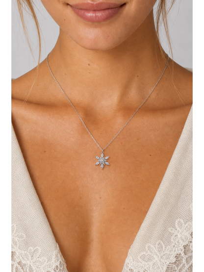 Rhodium Plated Zircon Snowflake Flower Pendant Necklace 3