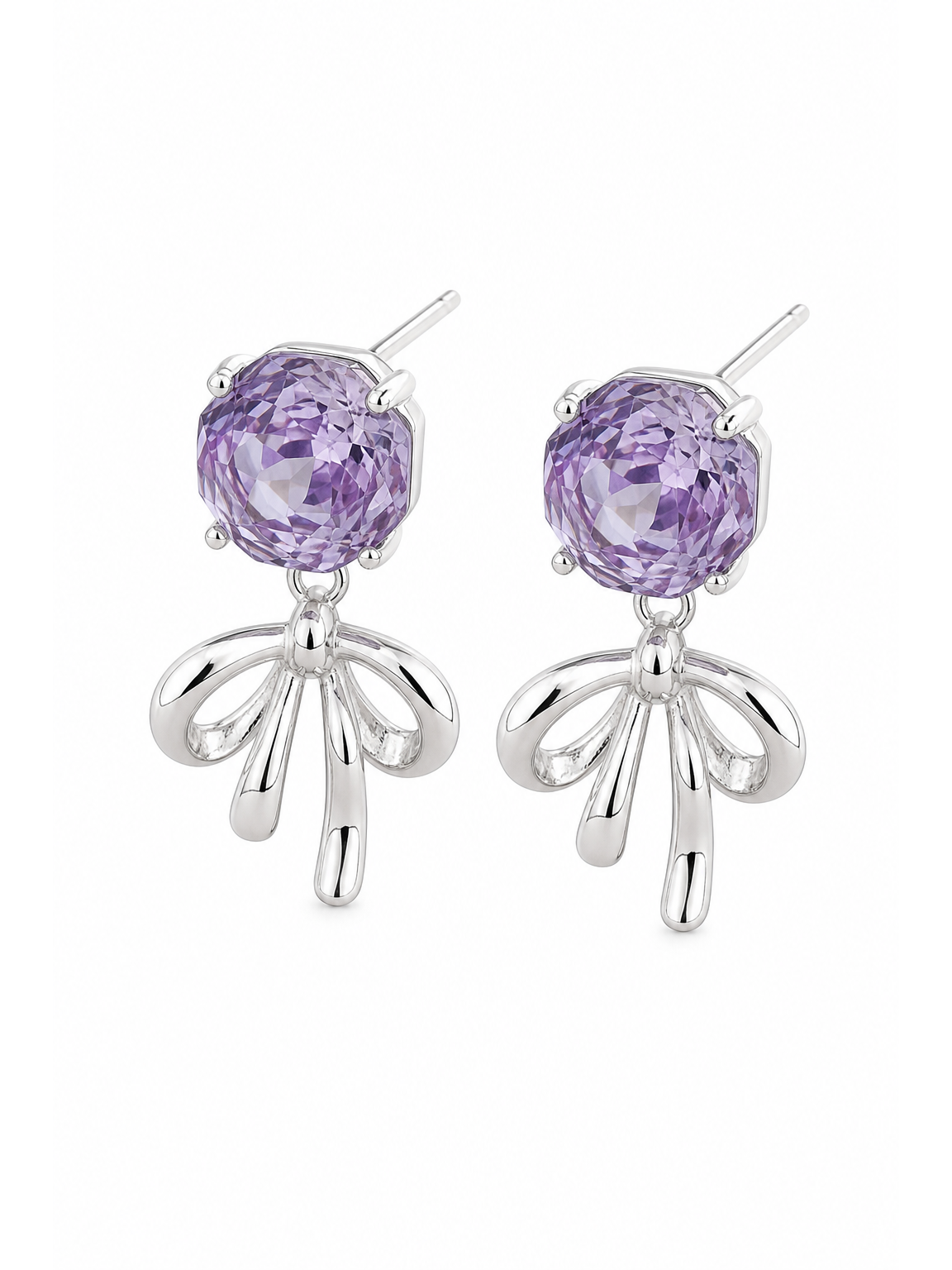 Plated Bow Drop With Purple Zircon Rhodium with Sterling Silver Posts Earring 1