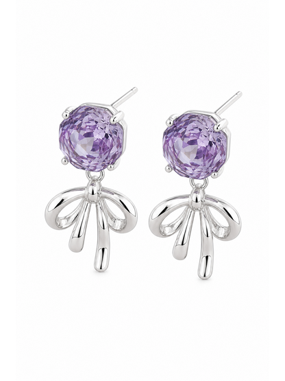 Plated Bow Drop With Purple Zircon Rhodium with Sterling Silver Posts Earring 1
