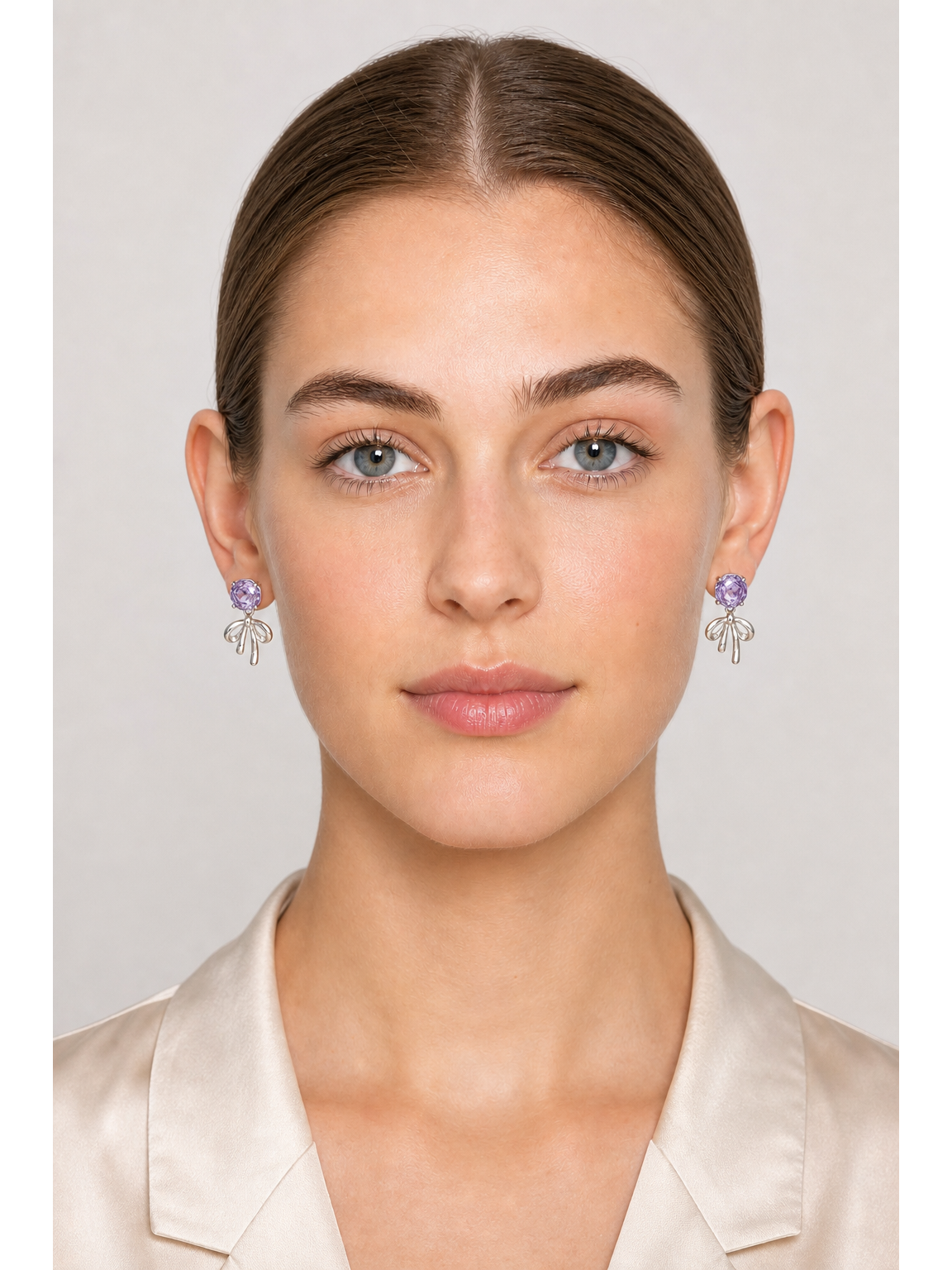 Plated Bow Drop With Purple Zircon Rhodium with Sterling Silver Posts Earring 2