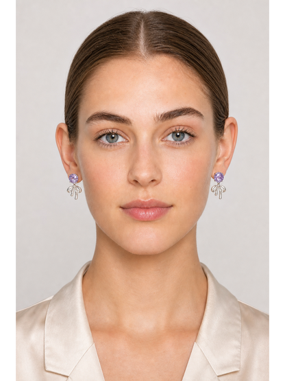 Plated Bow Drop With Purple Zircon Rhodium with Sterling Silver Posts Earring 2