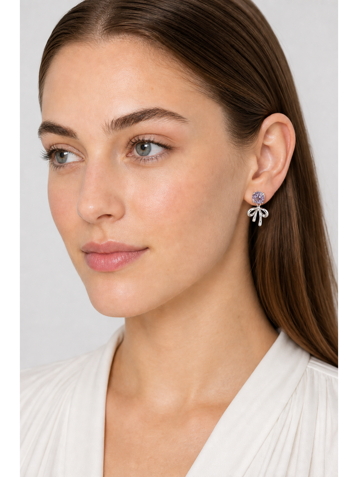 Plated Bow Drop With Purple Zircon Rhodium with Sterling Silver Posts Earring 3