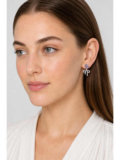 Plated Bow Drop With Purple Zircon Rhodium with Sterling Silver Posts Earring 3