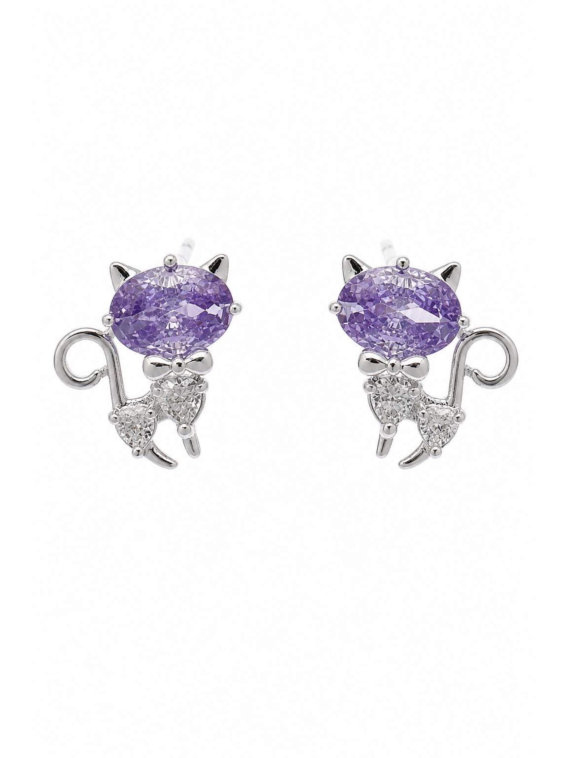 Purple Zircon Cat Rhodium with Sterling Silver Posts Earring 1
