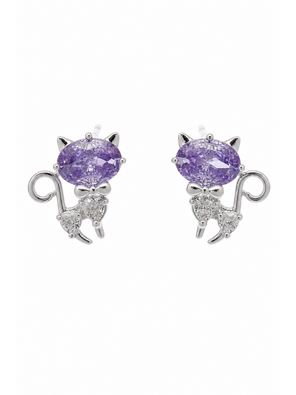 Purple Zircon Cat Rhodium with Sterling Silver Posts Earring 1