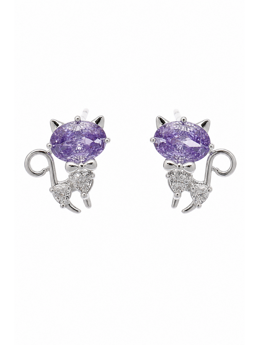 Purple Zircon Cat Rhodium with Sterling Silver Posts Earring 1