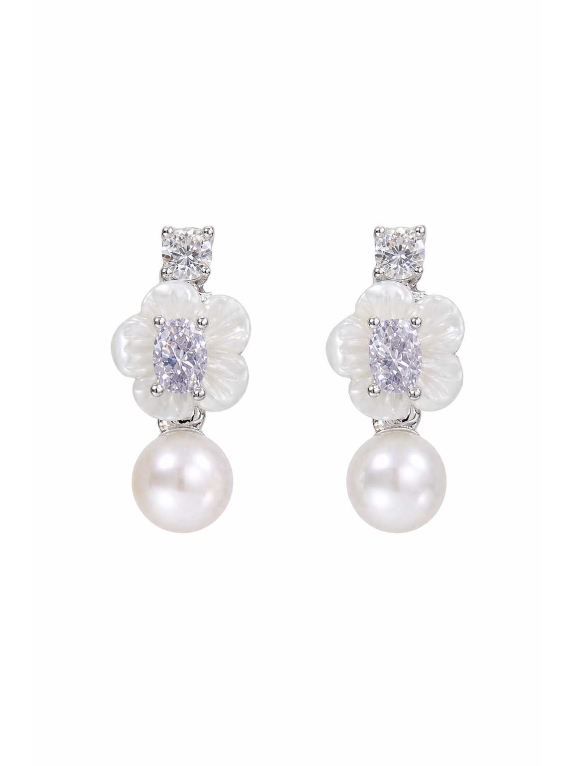 Shell Flower Pearl Drop Rhodium with Sterling Silver Posts Earring 1