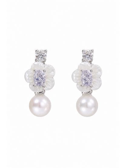 Shell Flower Pearl Drop Rhodium with Sterling Silver Posts Earring 1