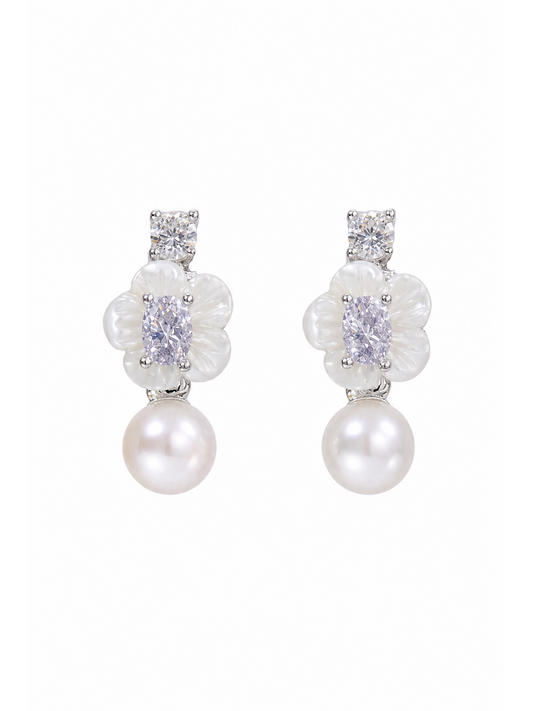Shell Flower Pearl Drop Rhodium with Sterling Silver Posts Earring 1