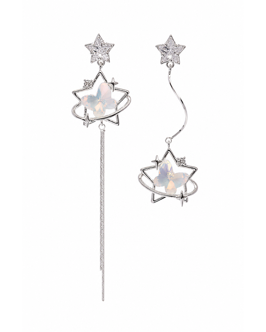 Star & Butterfly Asymmetrical Drop Rhodium with Sterling Silver Posts Earring 1