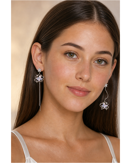 Star & Butterfly Asymmetrical Drop Rhodium with Sterling Silver Posts Earring 3