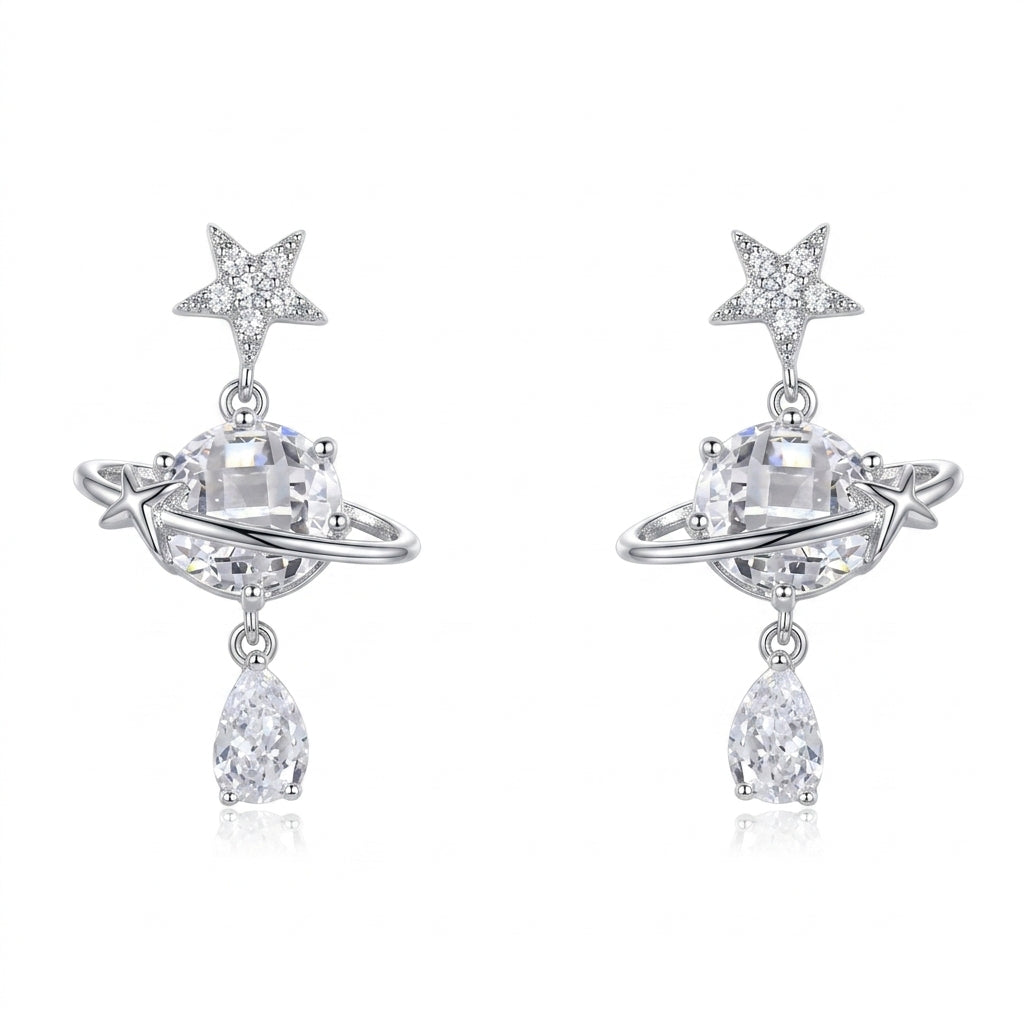Plated Star Planet Drop With Zircon Rhodium with Sterling Silver Posts Earring 1