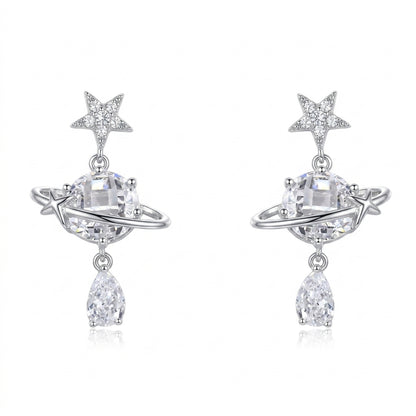 Plated Star Planet Drop With Zircon Rhodium with Sterling Silver Posts Earring 1
