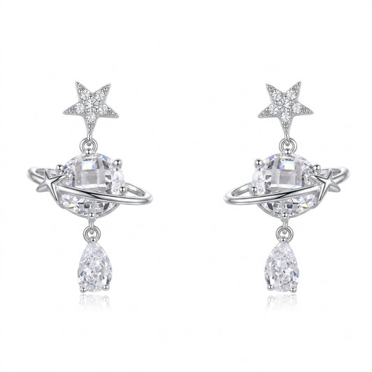 Plated Star Planet Drop With Zircon Rhodium with Sterling Silver Posts Earring 1