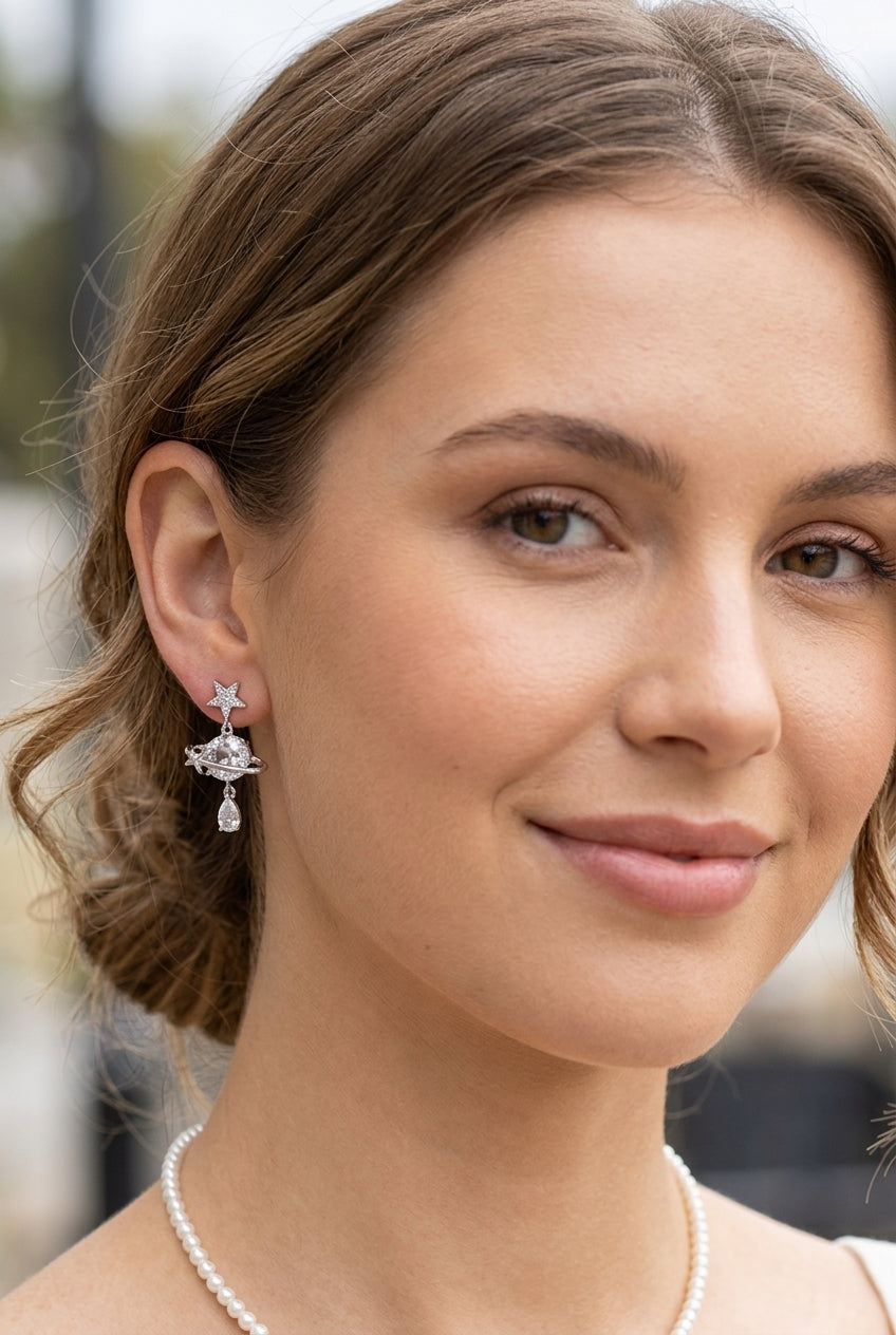 Plated Star Planet Drop With Zircon Rhodium with Sterling Silver Posts Earring 4