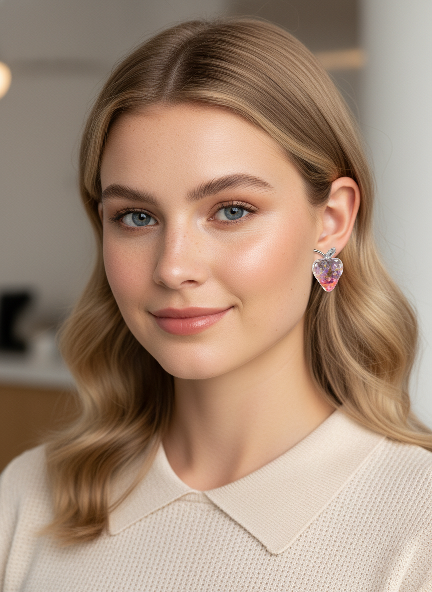 Plated Strawberry With Zircon Accent Rhodium with Sterling Silver Posts Earring 2