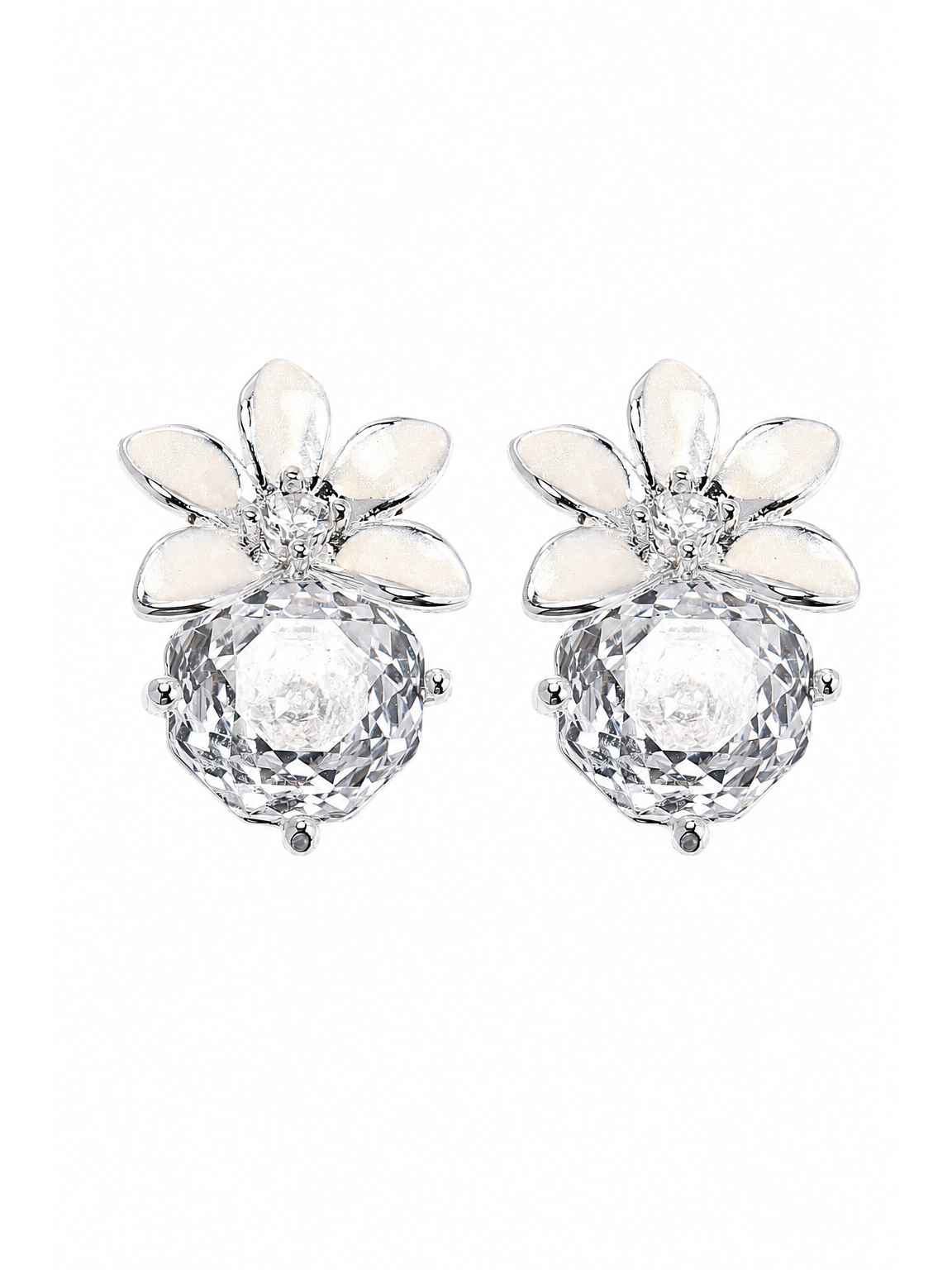 White Enamel Flower & Zircon Rhodium with Sterling Silver Posts Earring 1