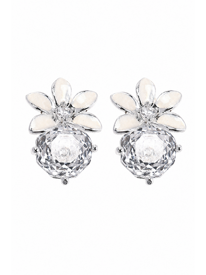 White Enamel Flower & Zircon Rhodium with Sterling Silver Posts Earring 1