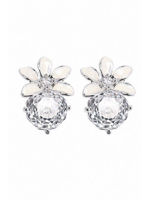 White Enamel Flower & Zircon Rhodium with Sterling Silver Posts Earring