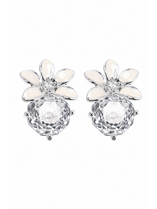 White Enamel Flower & Zircon Rhodium with Sterling Silver Posts Earring 1