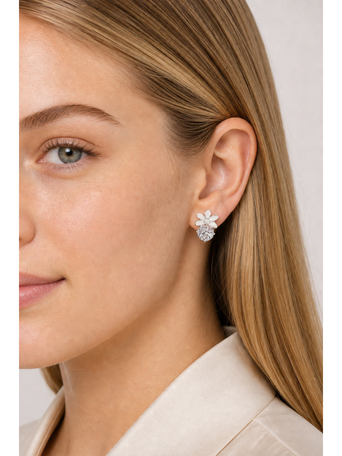 White Enamel Flower & Zircon Rhodium with Sterling Silver Posts Earring 3