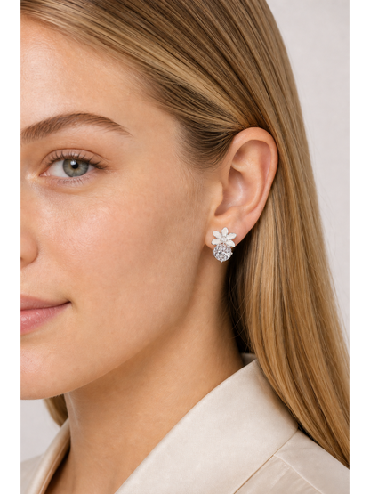 White Enamel Flower & Zircon Rhodium with Sterling Silver Posts Earring 3