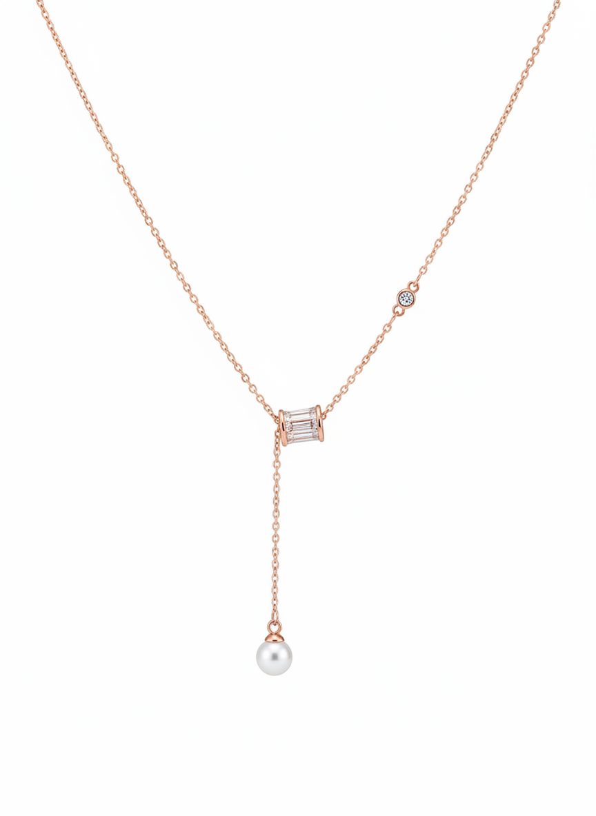 Elegant Rose Gold Plated Necklace with Pearl and Zircon Detail 1