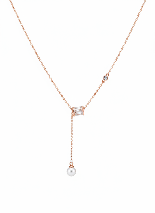 Elegant Rose Gold Plated Necklace with Pearl and Zircon Detail 1