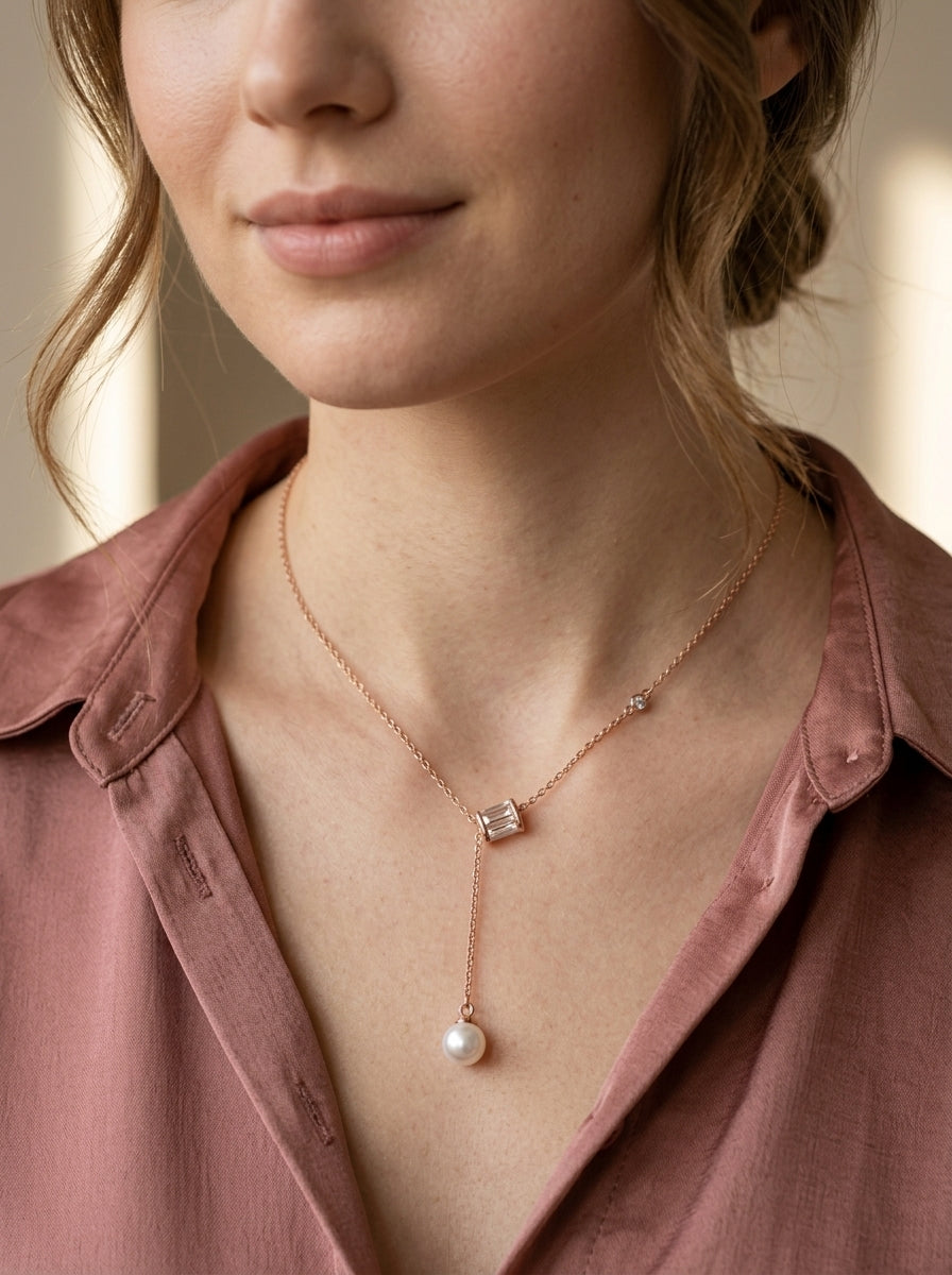Elegant Rose Gold Plated Necklace with Pearl and Zircon Detail 3