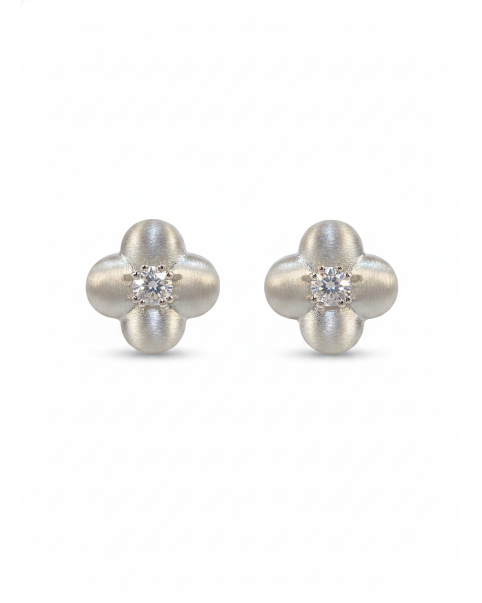 Silver Brushed Four-leaf Flower Rhodium with Sterling Silver Posts Earring 1