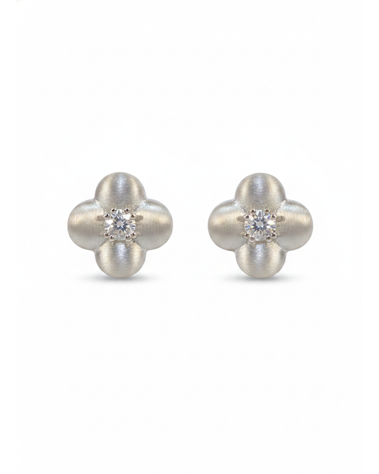 Silver Brushed Four-leaf Flower Rhodium with Sterling Silver Posts Earring 1