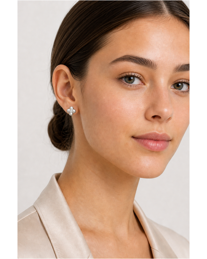 Silver Brushed Four-leaf Flower Rhodium with Sterling Silver Posts Earring 3
