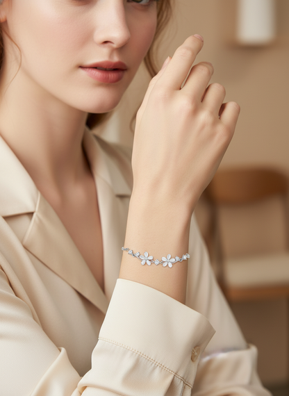 Silver Rhodium Plated Cat’s Eye Flower Sliding Bracelet 3
