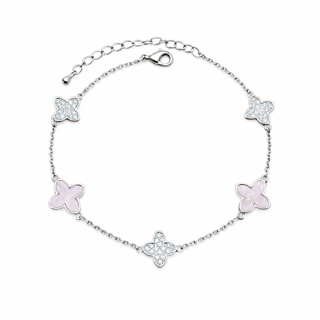 Silver Rhodium Plated Pink Zircon Four-Leaf Clover Bracelet 1