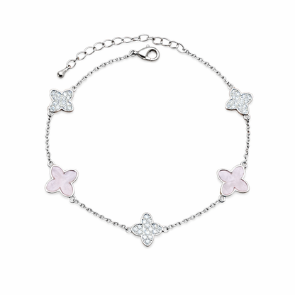 Silver Rhodium Plated Pink Zircon Four-Leaf Clover Bracelet 1