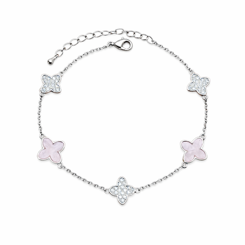 Silver Rhodium Plated Pink Zircon Four-Leaf Clover Bracelet