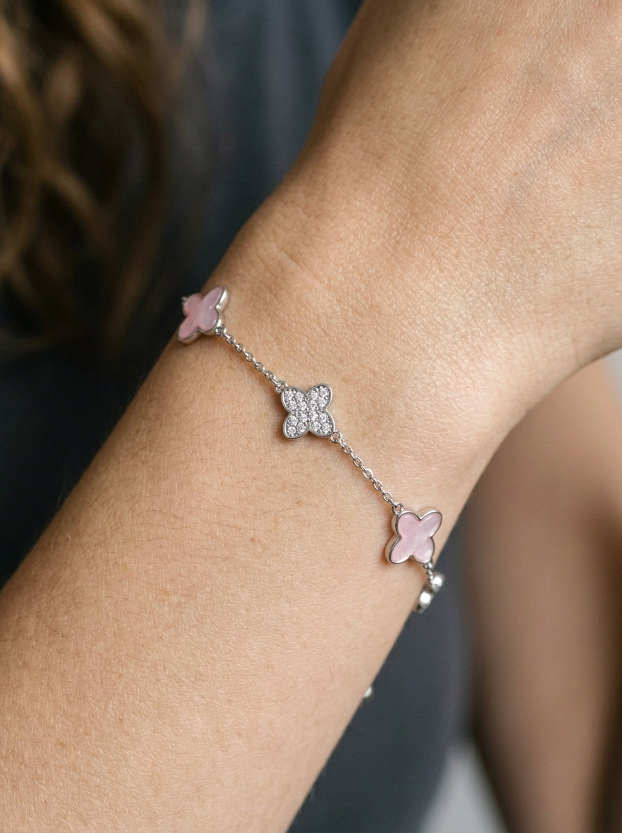 Silver Rhodium Plated Pink Zircon Four-Leaf Clover Bracelet 2
