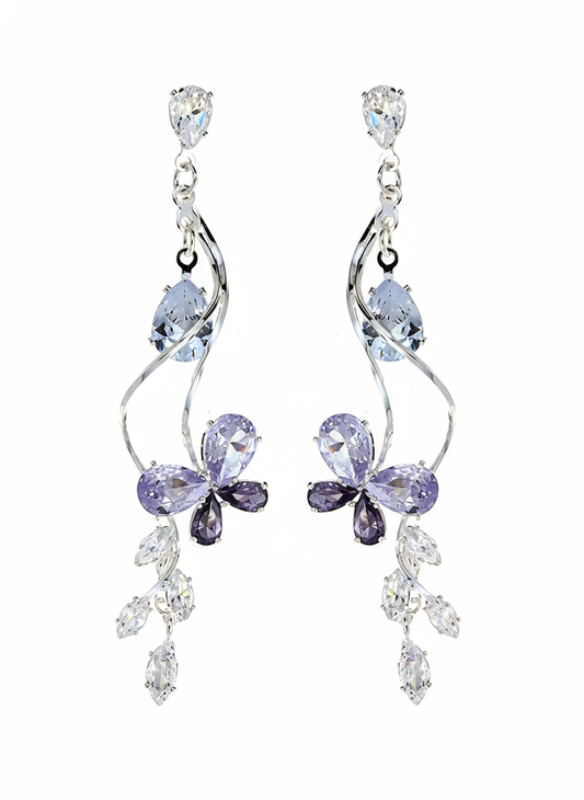 Plated Butterfly Drop With Purple Zirconia Rhodium with Sterling Silver Posts Earring 1