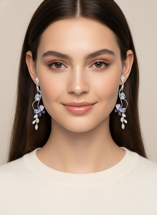 Plated Butterfly Drop With Purple Zirconia Rhodium with Sterling Silver Posts Earring 2