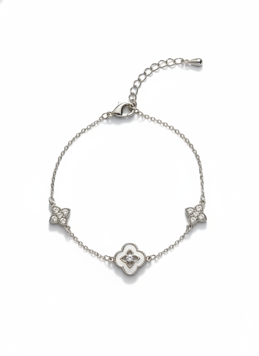 Silver Plated Four-Leaf Clover Bracelet with Zircon Accents 1