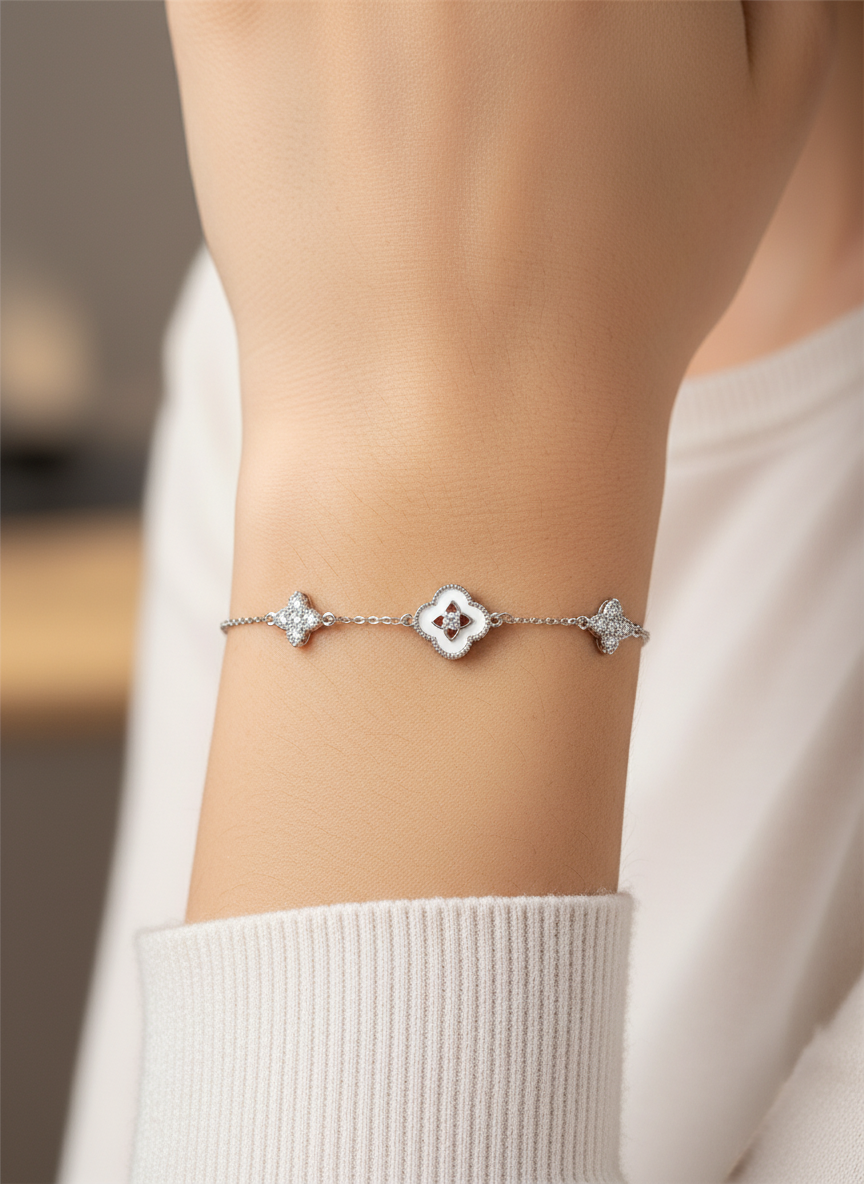 Silver Plated Four-Leaf Clover Bracelet with Zircon Accents 3