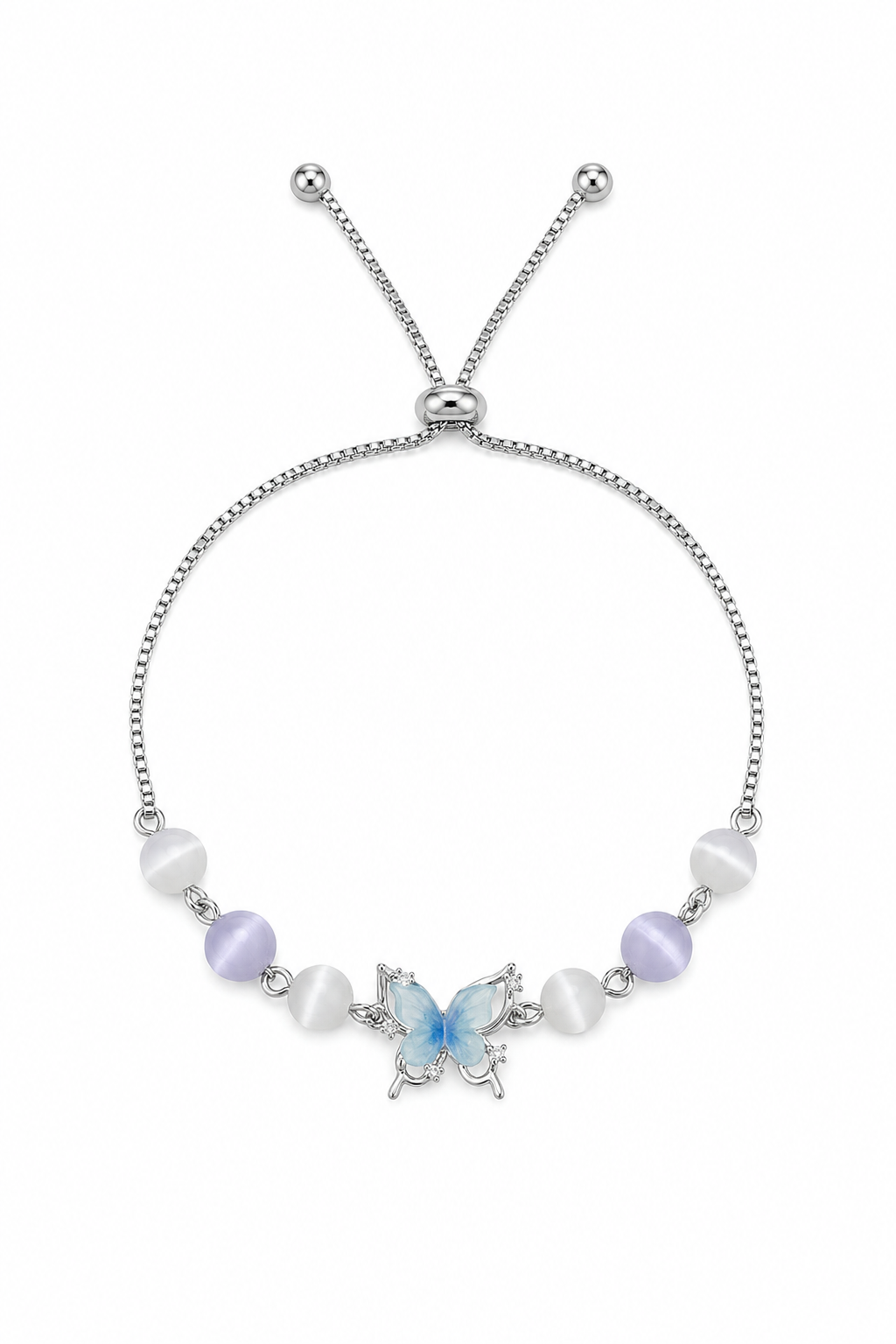 Silver Rhodium Plated Butterfly Cat Eye Bead Adjustable Bracelet 1